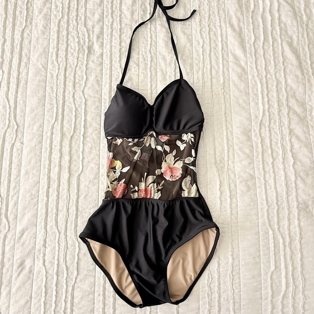 One Piece Swim Suit S Tropical Floral Whimsigoth Mesh Beach Dark Romantic Cruise